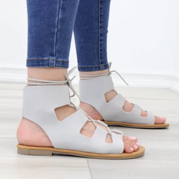 Gray Gladiator Laced-Up Bootie Style Flat Sandals - Picture 7 of 14